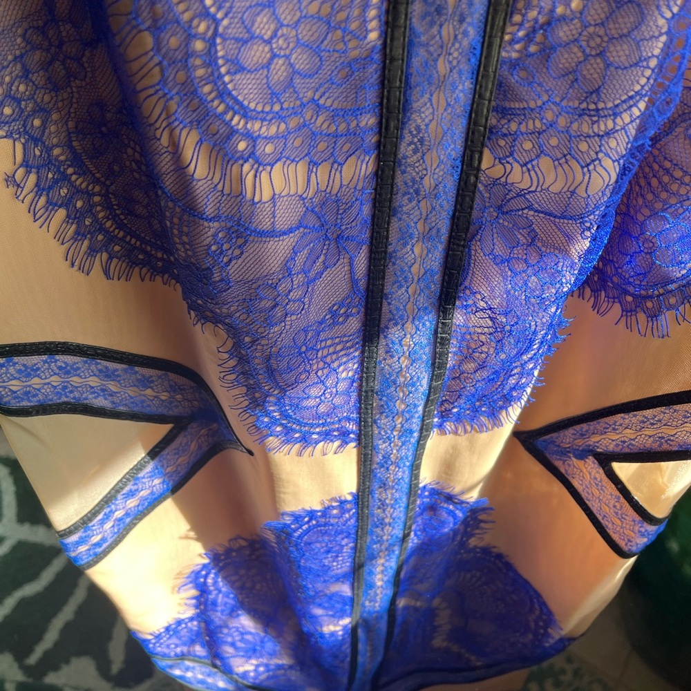 Three Floor electric blue/periwinkle Dress w/Lace, black leather, & sheer detail - Picture 13 of 16